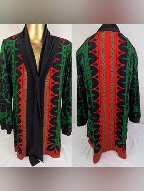Eva Varro Bold Red & Green Patterned Tunic with Black Tie XL